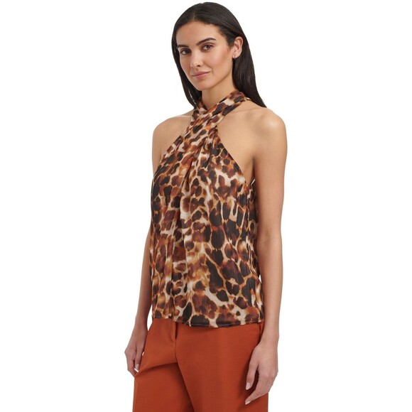 Calvin Klein Women's Printed Crisscross Halter Top, Terra Mult, M - Picture 3 of 4